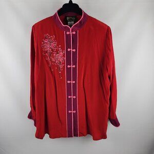Bob Mackie Shirt Womens 1X Red Wearable Art 100% Silk Button Up Blouse
